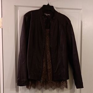 Roz & Ali Brown Leather Jacket with Mock Neck